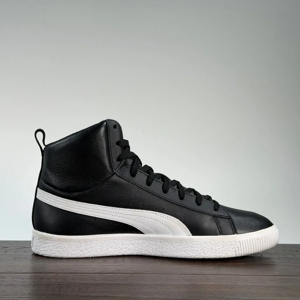PUMA Clyde Hi-Top Sneakers‎ Mens 9.5 Black/White Retro Leather Classic Trainers